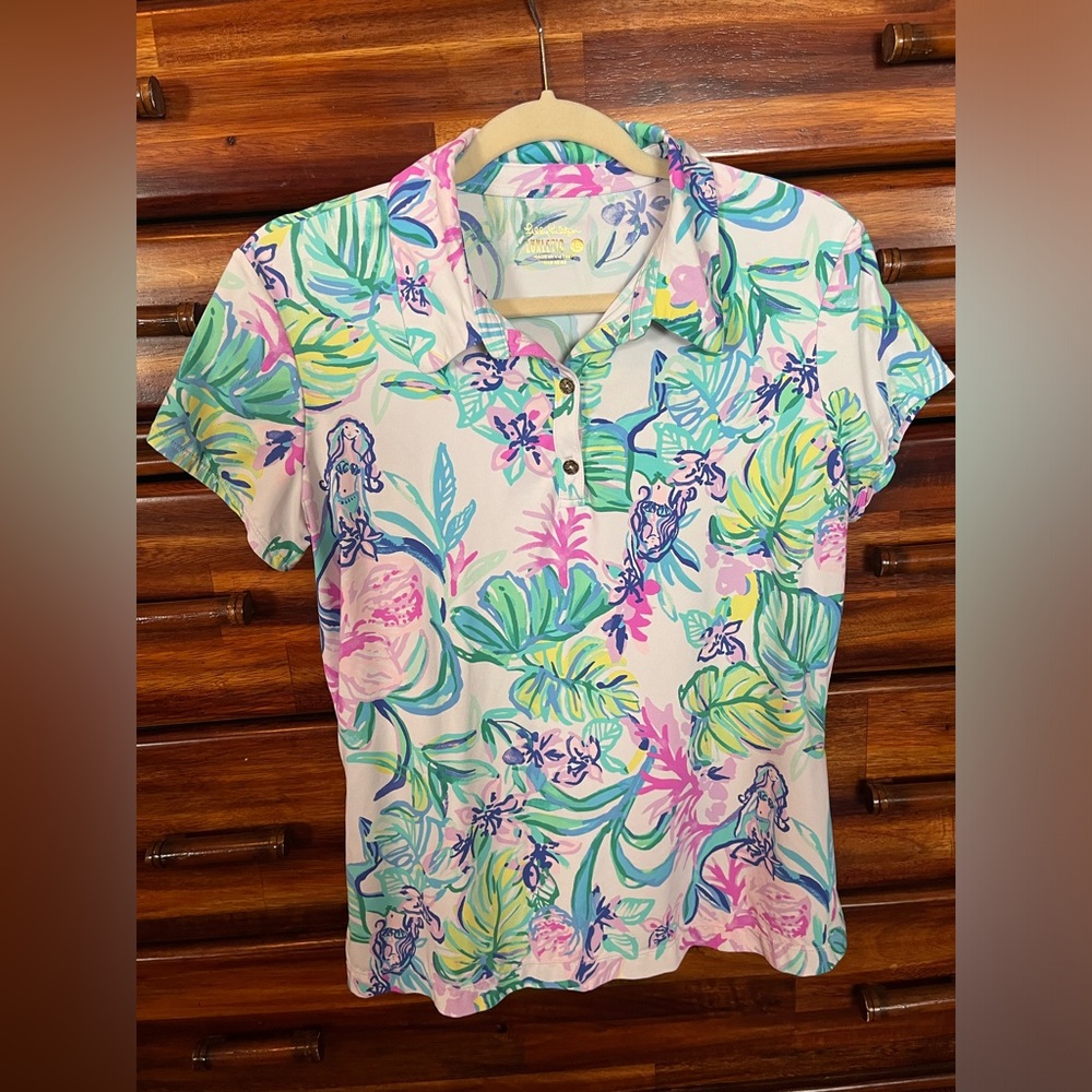 Lilly Pulitzer Luxletic Polo Shirt with mermaid design. Size large.